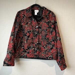 Women's Jacket Red Embroidered Dark Floral Corduroy Jean Whimsigoth Grunge M